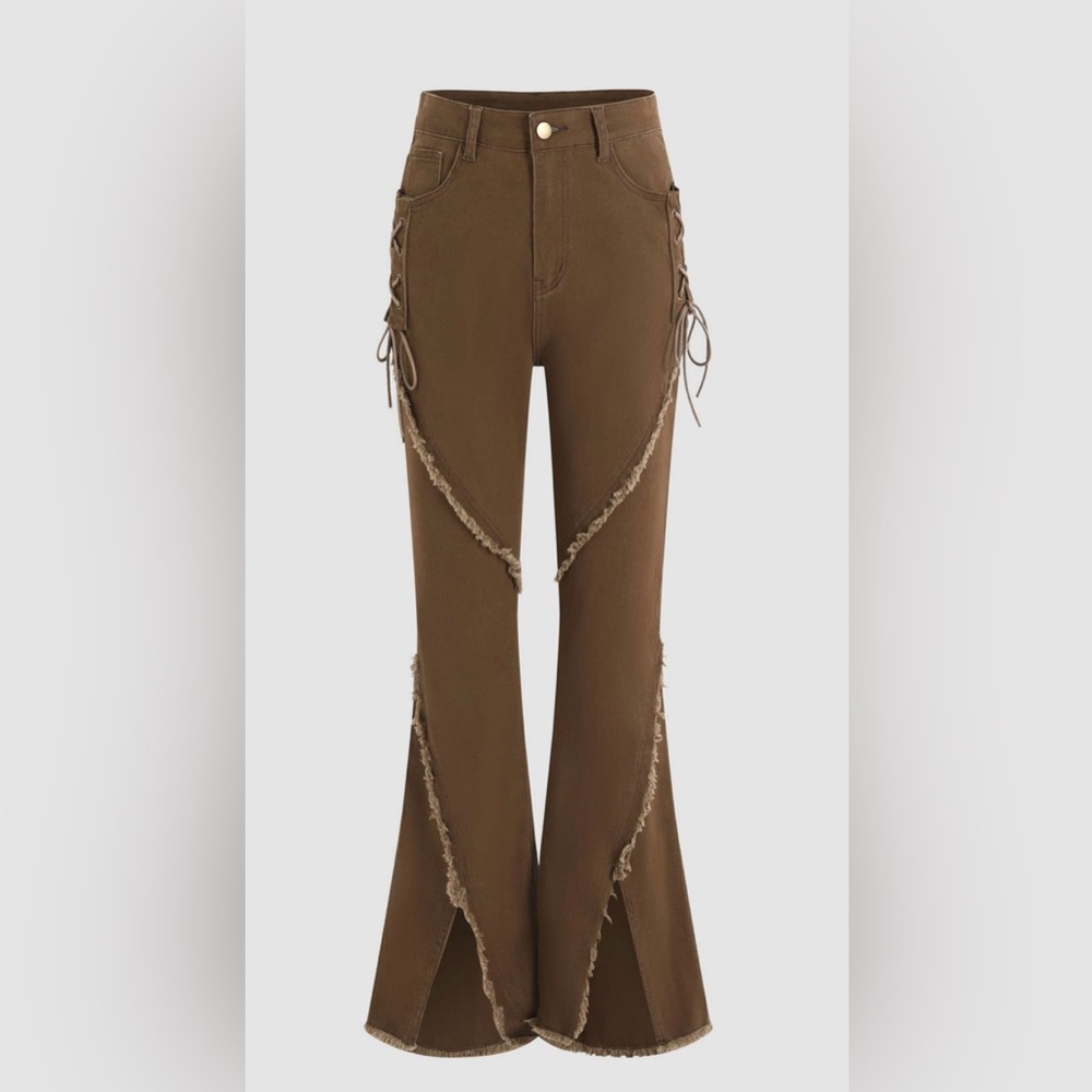 Denim Ripped Lace Up Flare Leg Pants